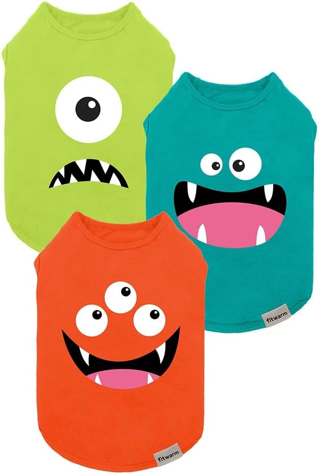 Fitwarm 3 Pack Monster Dog Shirt, Lightweight Funny Dog Tshirt, Summer Clothes for Small Dogs Boy Girl, Pet Outfit, Oran