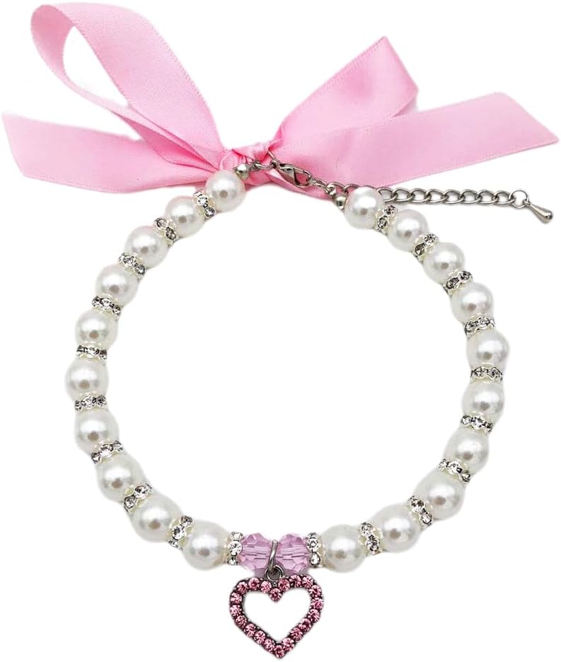 Pearl Crystal Dog Necklace Collar Jewelry for Small Dogs Puppy, Bling Cat Wedding Collar with Rhinestones Charm, Chihuah