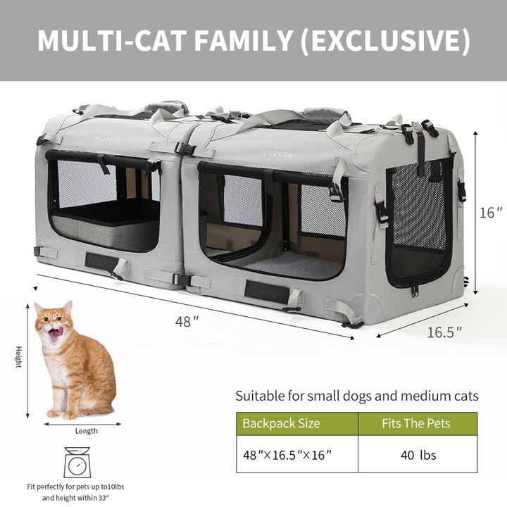 Petseek Extra Large Cat Carrier Soft Sided, Portable Small Dog Carrier for 2 Cats, 24"x16.5"x16" Car Travel Folding Comfortable Design with Litter Box and Bowls, Grey-2+ Litter Box+ Bowl*2