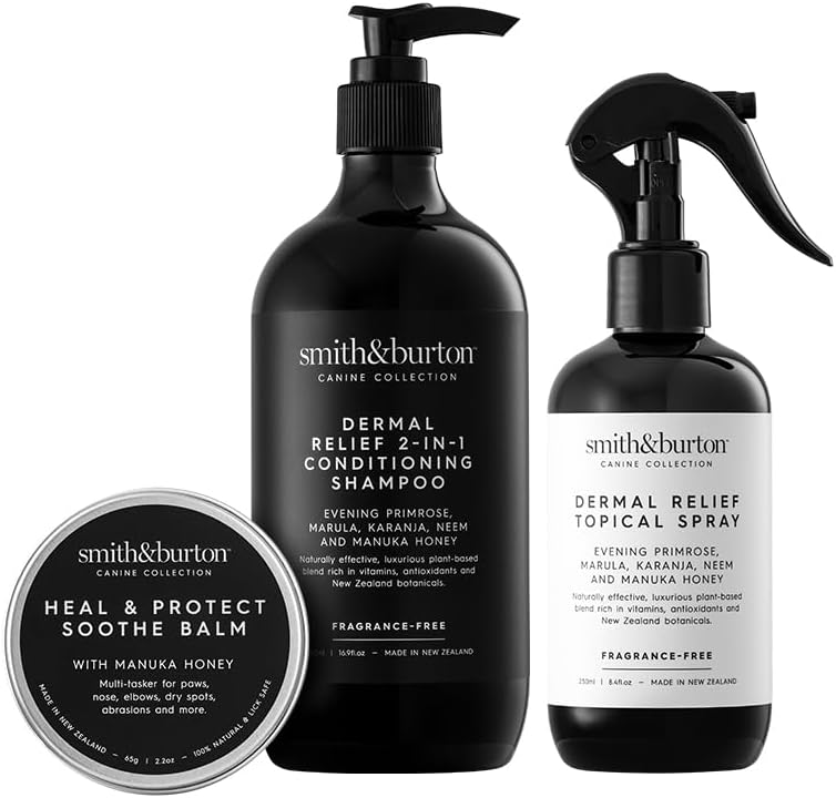 smith&burton Dermal Relief & Repair Care System for Dogs & Cats, Conditioning Shampoo, Topical Spray & Heal Balm for All
