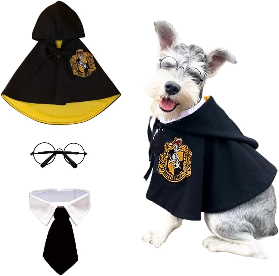 ANIAC 3PCS Halloween Dog Costume Cat Wizard Cape Glasses and Necktie Set Halloween Puppy Outfit Pet Academy Magician Cos