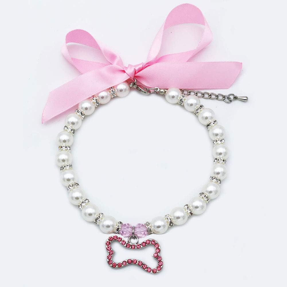 Pearl Crystal Dog Necklace Collar Jewelry for Small Dogs Puppy, Bling Cat Wedding Collar with Rhinestones Charm, Chihuah