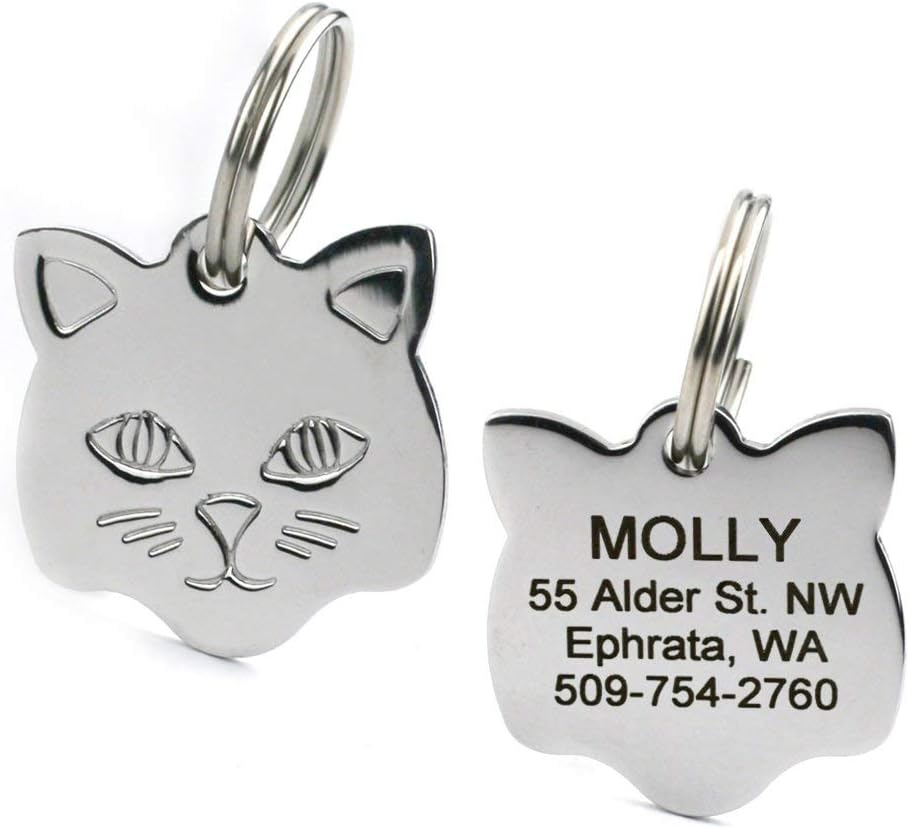 GoTags Cat ID Tag, Personalized Cat Shape Pet ID Tag in Stainless Steel, Includes up to 4 Lines of Custom Engraved Text 