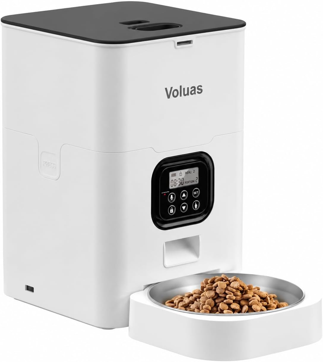 VOLUAS Automatic Cat Feeder for Two Cats with Dual Stainless Bowls, 6L