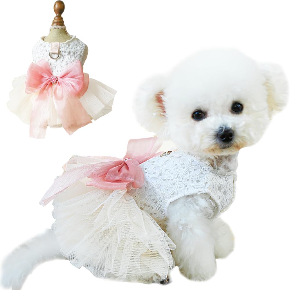 Fancy Dog Dresses with Leash Ring, Embroidered Dog Wedding Dress, Bow Puppy Clothes for Small pet Girl Multi-Layer Lace 