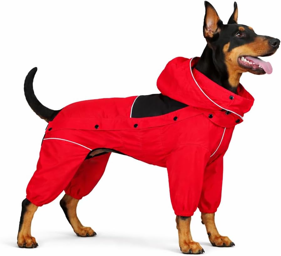 LOVELONGLONG Fleece-Lined Dog Raincoat with Removable Hood – Waterproof Winter Full Body Dog Jacket – Windproof Snowproo