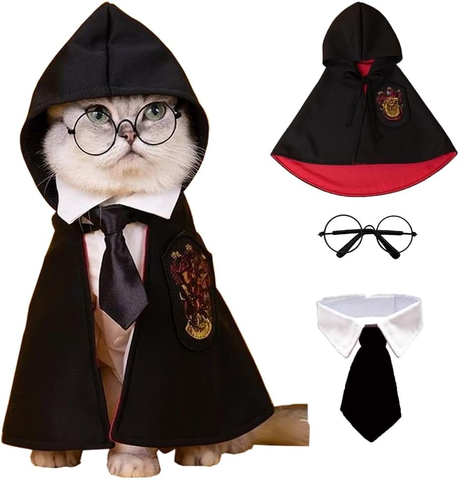 ANIAC 3PCS Halloween Dog Costume Cat Wizard Cape Glasses and Necktie Set Halloween Puppy Outfit Pet Academy Magician Cos