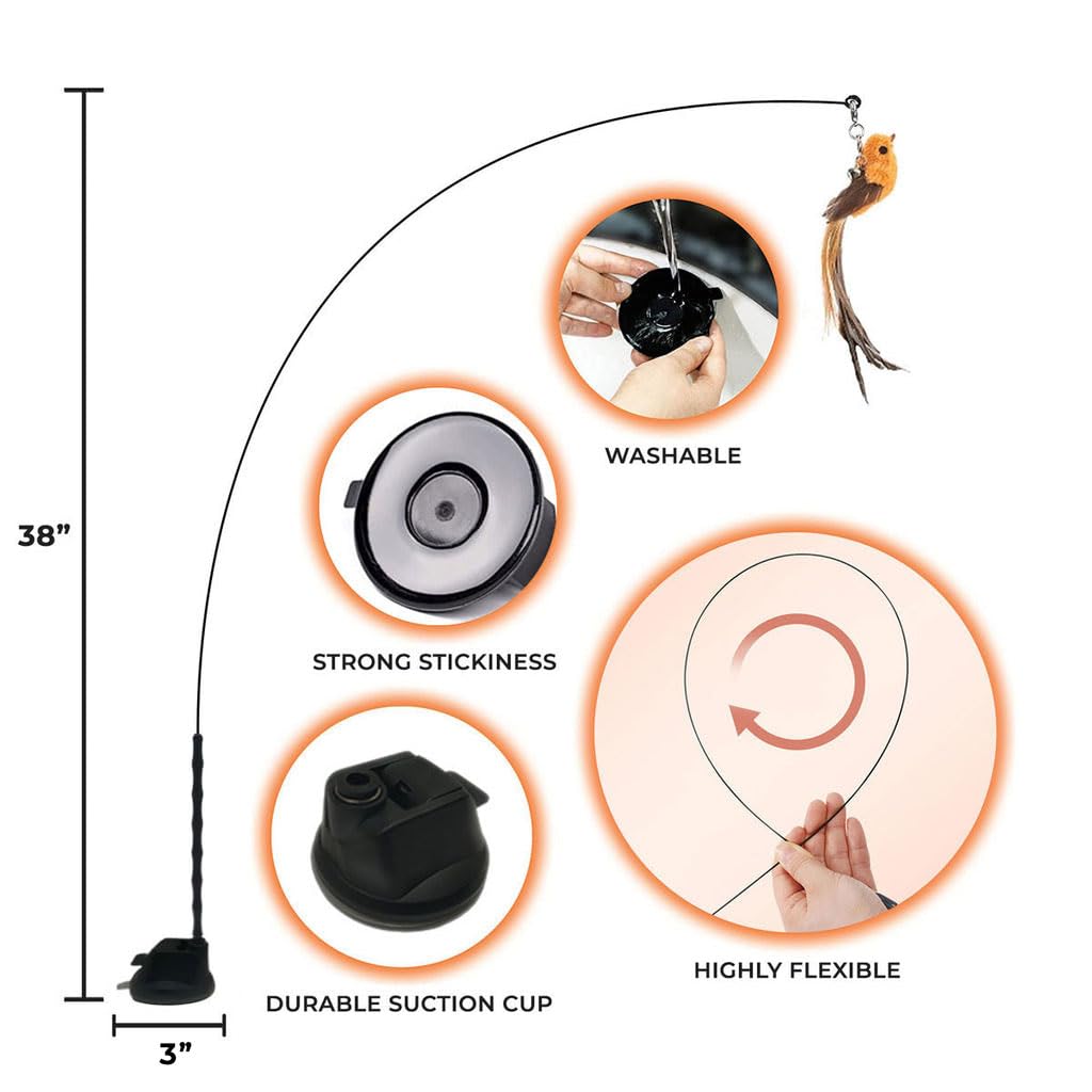 Whiskertons Interactive Bird Simulation Cat Toy Set, Interactive Cat Toys for Indoor Cats, Cat Feather Toy, Self-Holding Suction Base, 5 Replacement Birds, Feathers & Bells, Realistic Bird Impression