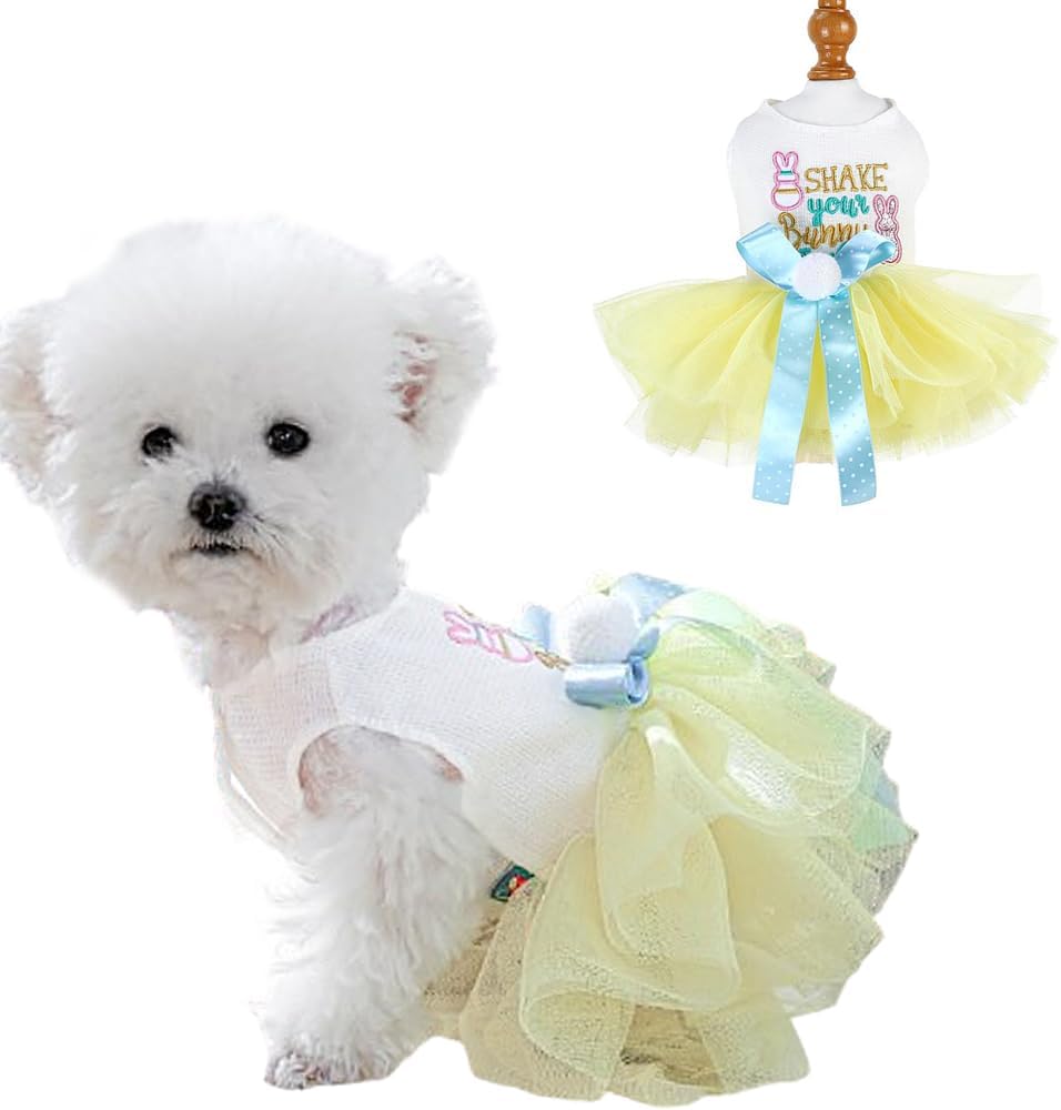Fancy Dog Dresses with Leash Ring, Embroidered Dog Wedding Dress, Bow Puppy Clothes for Small pet Girl Multi-Layer Lace 