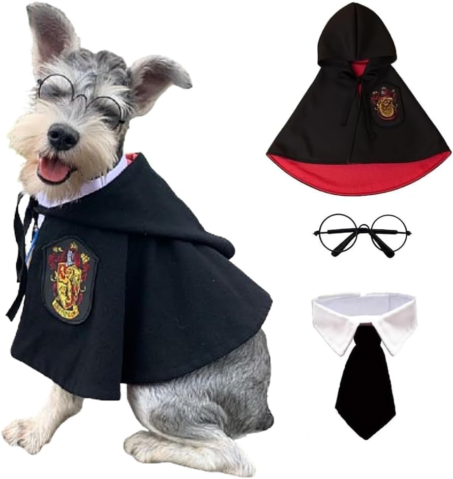 ANIAC 3PCS Halloween Dog Costume Cat Wizard Cape Glasses and Necktie Set Halloween Puppy Outfit Pet Academy Magician Cos