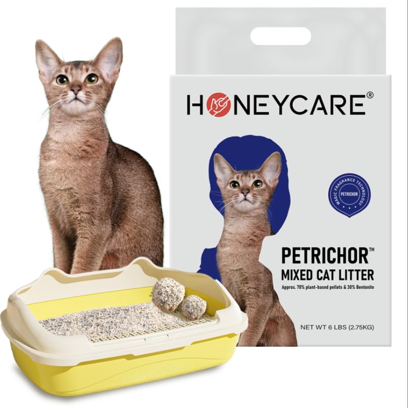 HONEY CARE Petrichor Mix Cat Litter I Tofu Cat Litter I Nature Plant-Based Pellets and Bentonite Sustainable I Low-Dust Qucik Clumping Superior Odor Control, 24-lbs Value Pack (6 lbs x 4)