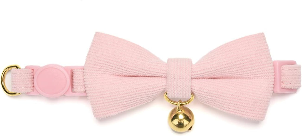 Breakaway Cat Collar with Bow Tie and Bell Adjustable Soft Corduroy Pink Kitten Collars for Girl Cats