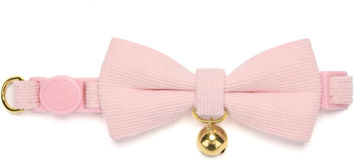 Breakaway Cat Collar with Bow Tie and Bell Adjustable Soft Corduroy Pink Kitten Collars for Girl Cats