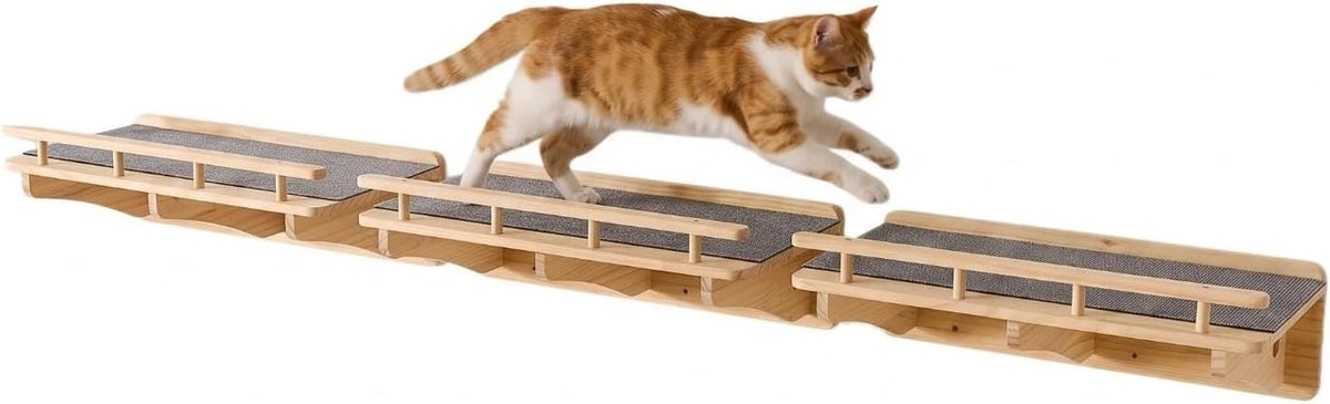 3-Pack Wall Mounted Cat Running Shelves, Parkour Course, Natural Wood