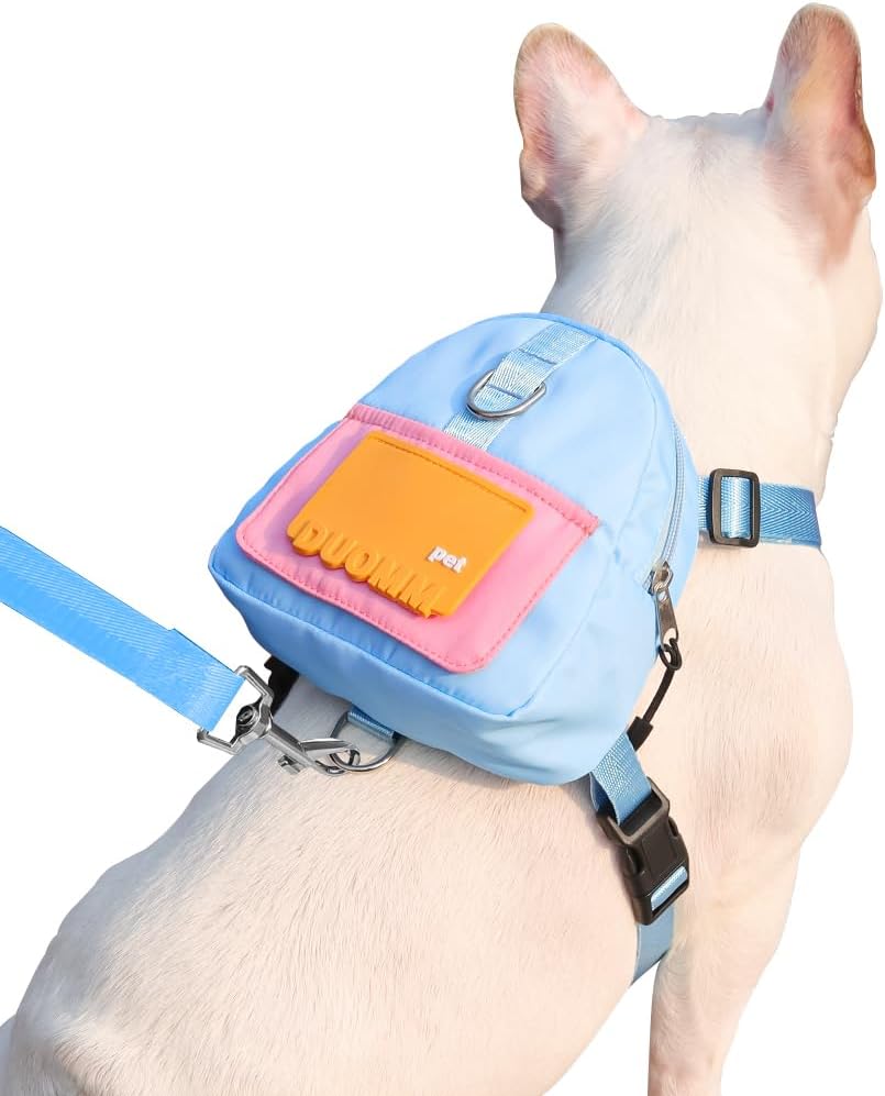 Dog Backpack Harness with Leash,Cute Pet Puppy Backpacks Bulid-in Dog Poop Bag Dispenser,Adjustable Pets Self Carrier Ba
