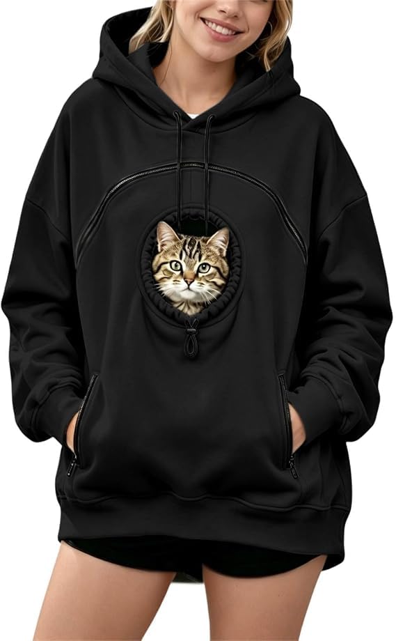Tibue Pet Pouch Carrier Hoodie with Dog Pouch, Cat Hoodie with Pouch (Black,Large)
