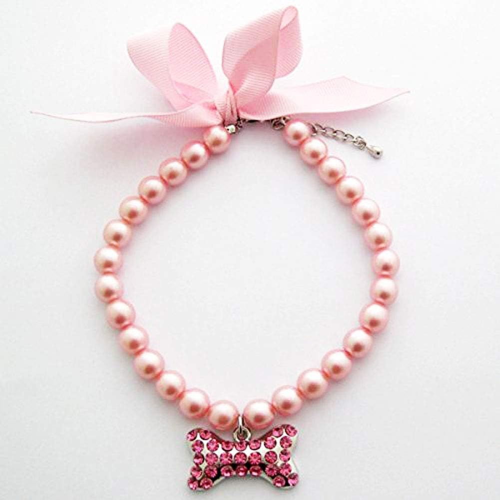 Fancy Pearls Crystal Dog Necklace Jewelry with Bling Rhinestones Big Bone Charm for Pets Cats Small Dogs Girl Teacup Chi