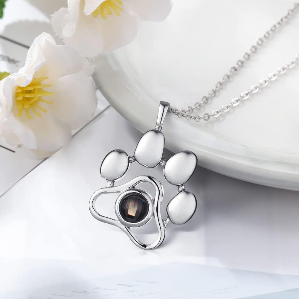 OPALSTOCK Personalized Pet Photo Necklace, Custom Photo Charm Projection Necklace Dog Cat Paw Pendant Pet Memorial Jewel