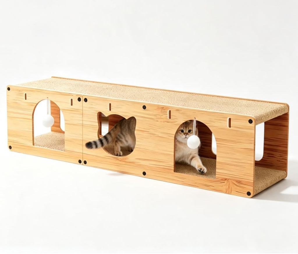 Cat Scratcher Bed, Wooden Extra Long 100cm Tunnel Hideout with Play
