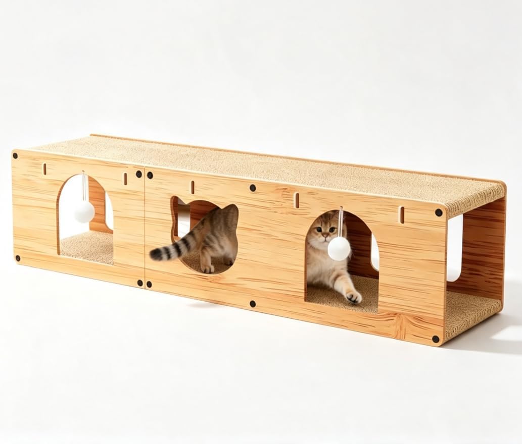 Cat Scratcher Bed, Wooden Extra Long 100cm Tunnel Hideout with Play