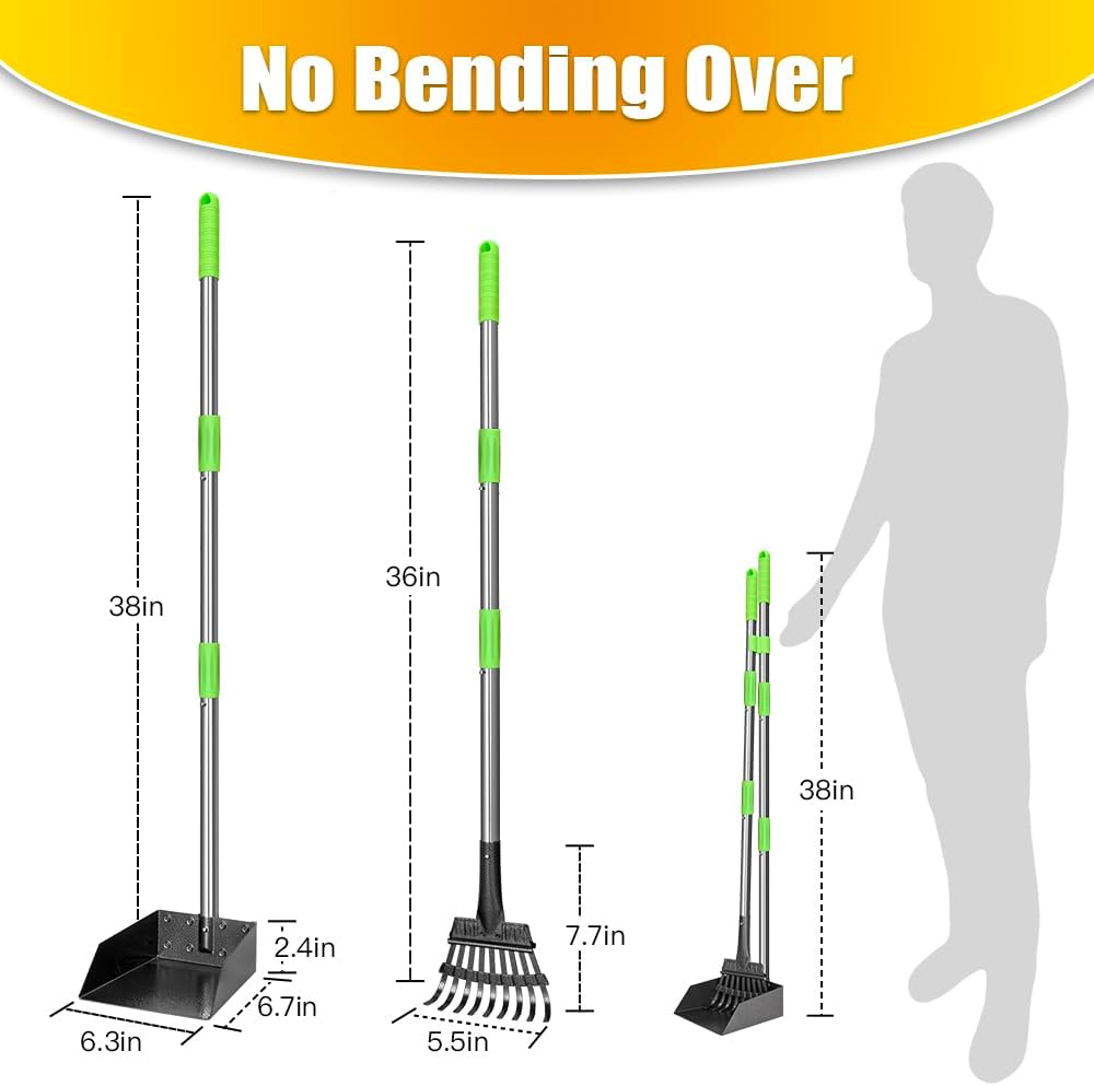 Pooper Scooper, Dog Pooper Scooper Long Handle Stainless Metal Tray and Rake for Medium Small Dogs Heavy Duty Pet Suppli