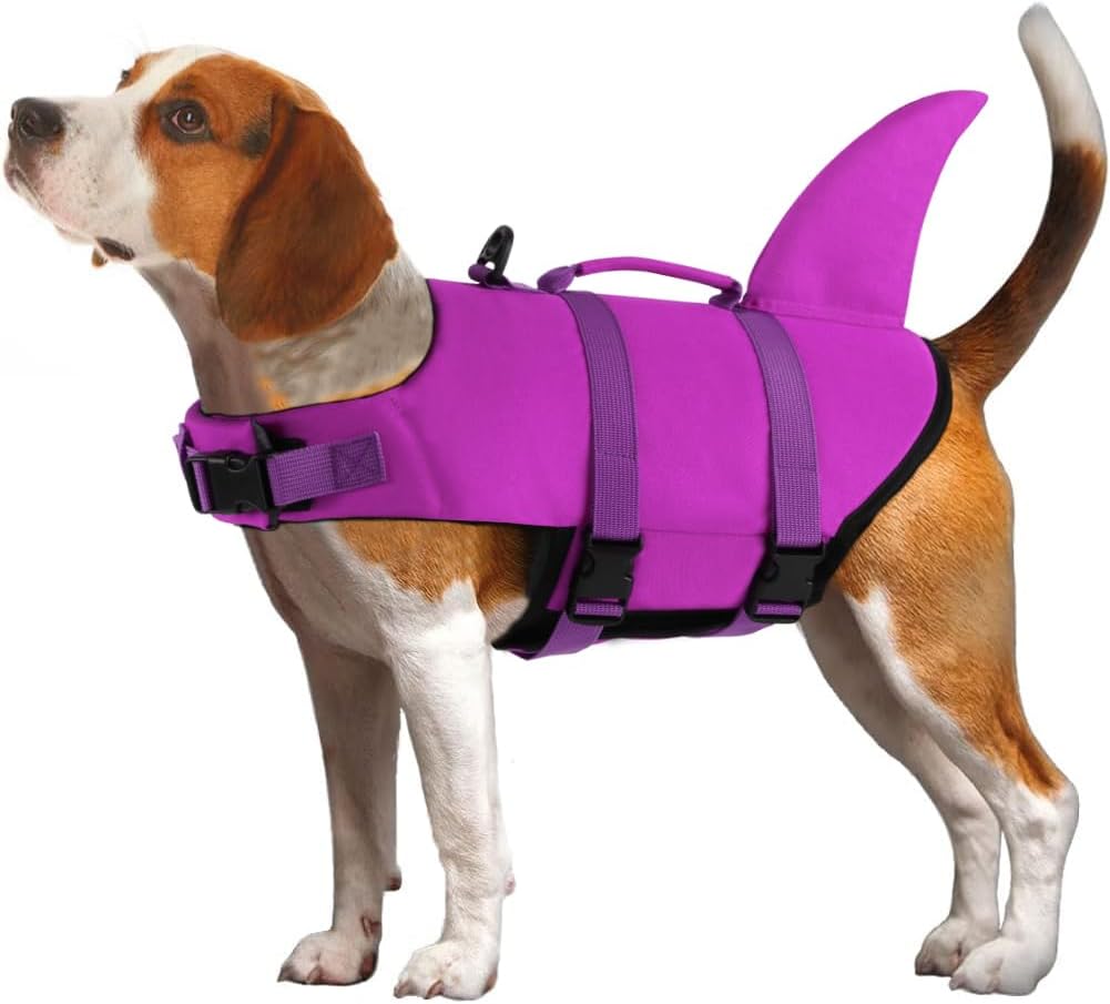 EMUST Shark Dog Life Jackets for Water Safety - Adjustable Ripstop Pet Life Vest with Rescue Handle for Swimming Pool, B