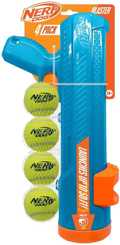 Nerf Dog 16in EXO Blaster Without Ball Clip and 2.5in Non-Squeak Tennis Ball 4-Pack Dog Toy - Light Blue/Orange and Gree