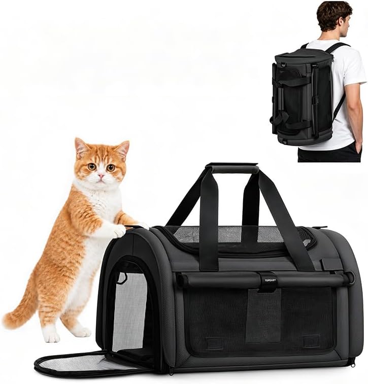 Backpackable Cat Carrier 17"x11"x11", Soft-Sided Collapsible Pet Carrier