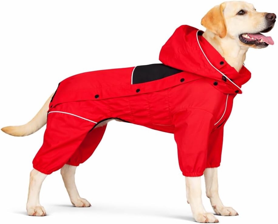LOVELONGLONG Fleece-Lined Dog Raincoat with Removable Hood – Waterproof Winter Full Body Dog Jacket – Windproof Snowproo