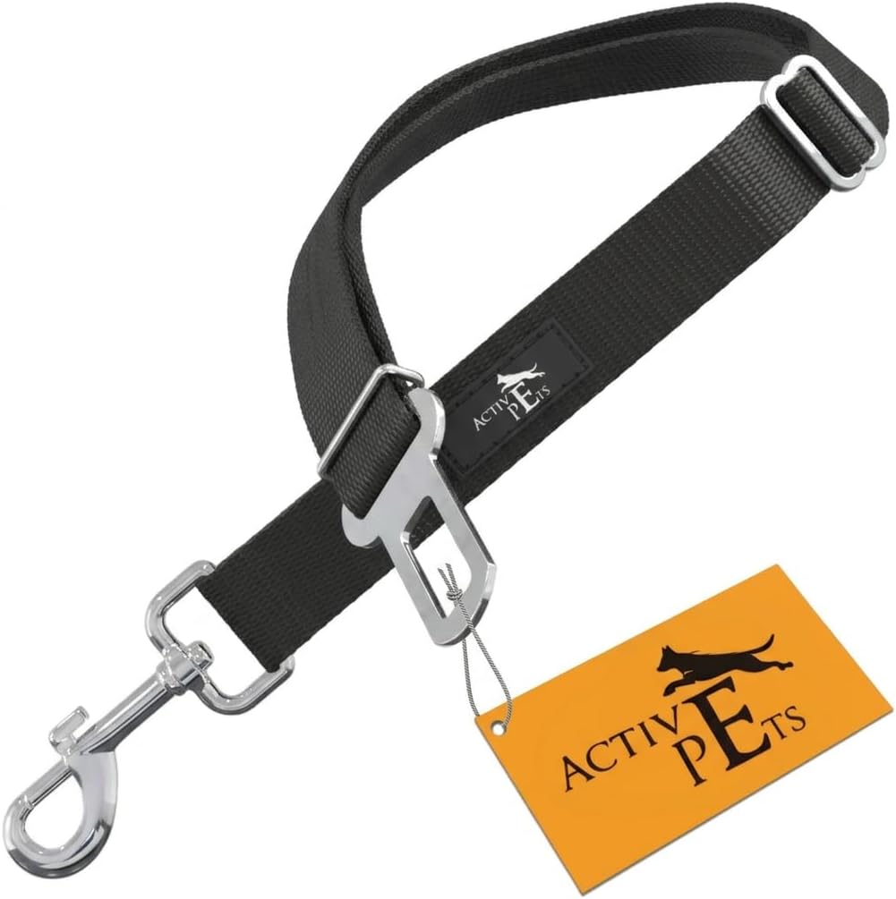 Black Car Seat Belt for Dogs, Attaches to Harness & Collar, Adjustable 18" - 24" Travel Restraint System Fits Small - La