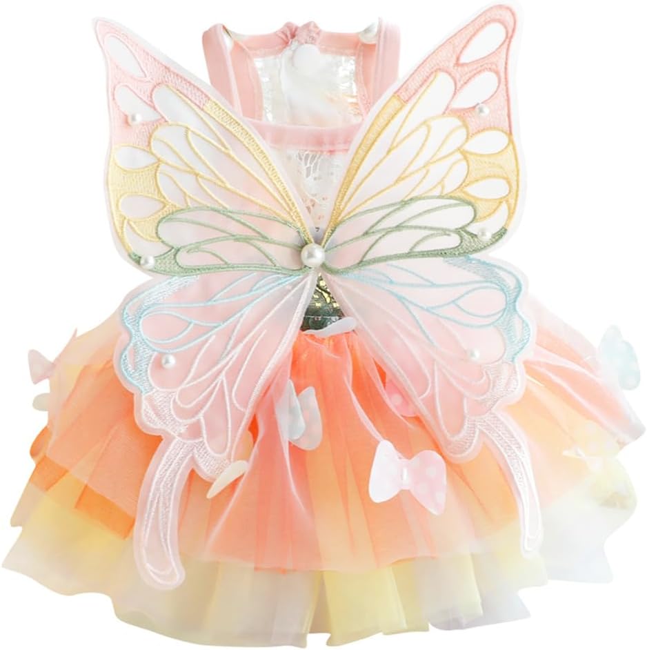 Butterfly Dog Costume - Pink Dress with Leash Ring for Small Dogs & Kittens - Lolita Puppy Clothes for Girl Dogs & Cats 
