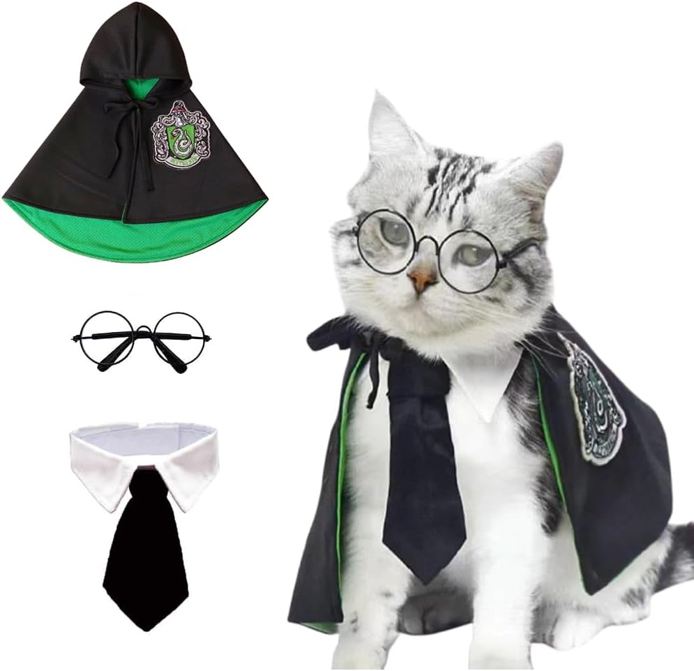 ANIAC 3PCS Halloween Dog Costume Cat Wizard Cape Glasses and Necktie Set Halloween Puppy Outfit Pet Academy Magician Cos