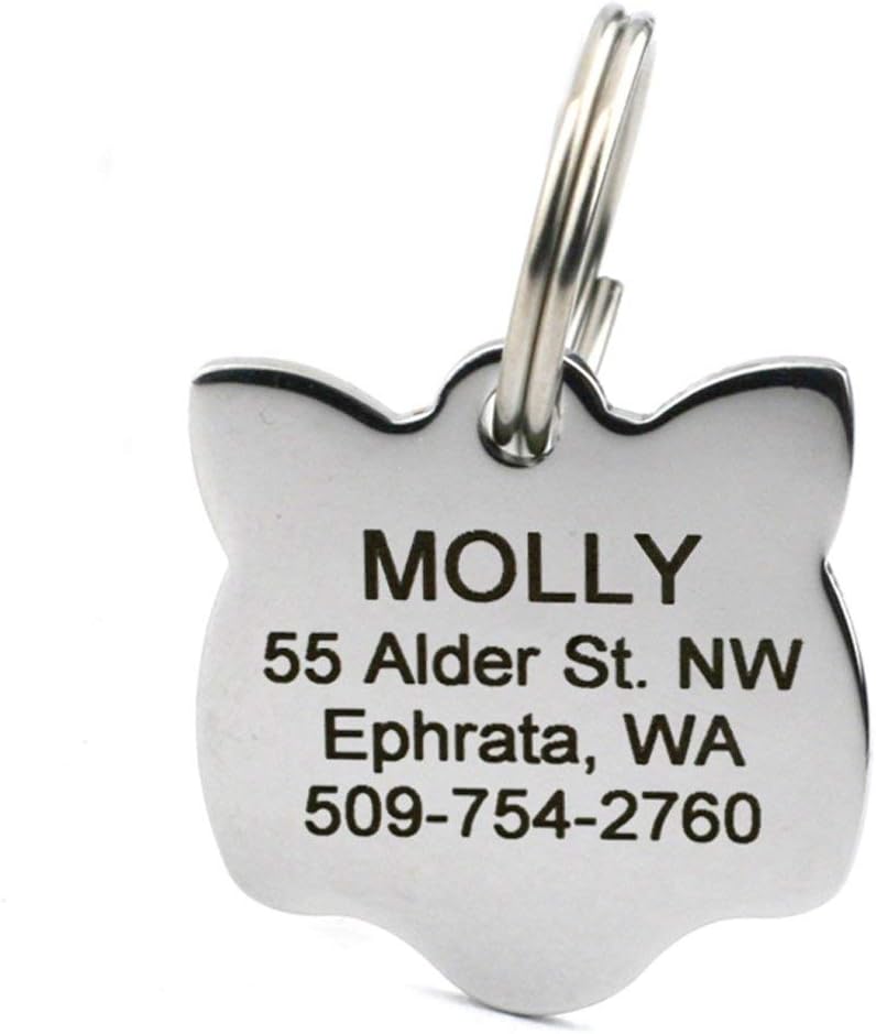 GoTags Cat ID Tag, Personalized Cat Shape Pet ID Tag in Stainless Steel, Includes up to 4 Lines of Custom Engraved Text 
