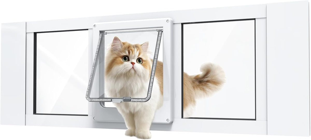 Cat Door for Window, Aluminum Cat Door Window Insert with 4 Secure Lock Modes, Magnetic Closure for Cats, Fit Window Wid