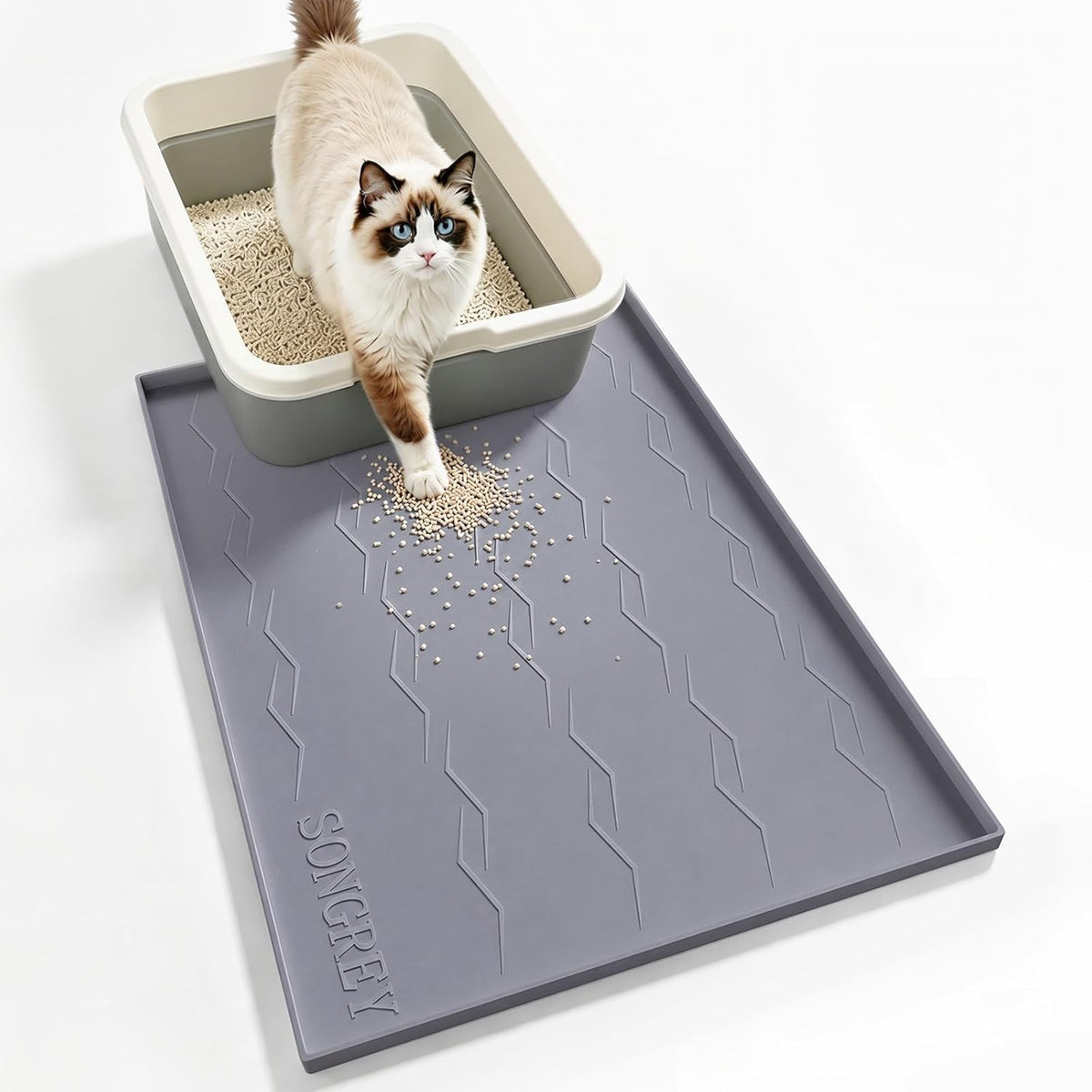 Songrey Silicone Cat Litter Mat 34" x 22", Large Litter Trapping Mat, Gray