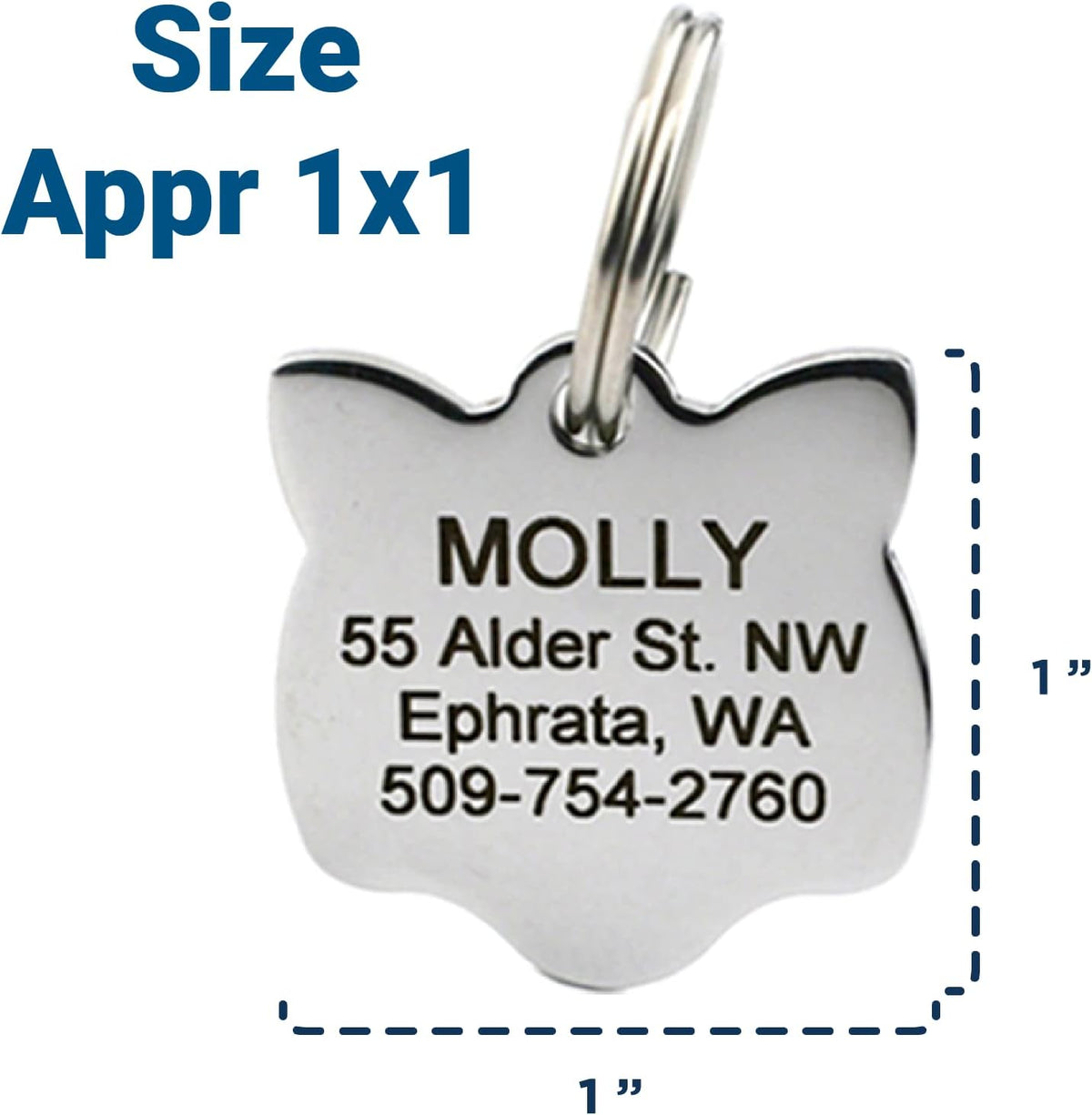 GoTags Cat ID Tag, Personalized Cat Shape Pet ID Tag in Stainless Steel, Includes up to 4 Lines of Custom Engraved Text 