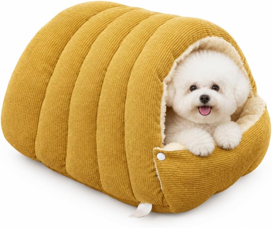 Small Dog Cave Bed & Cat Cave Bed, 2-in-1 Covered Cat Bed for Indoor Use