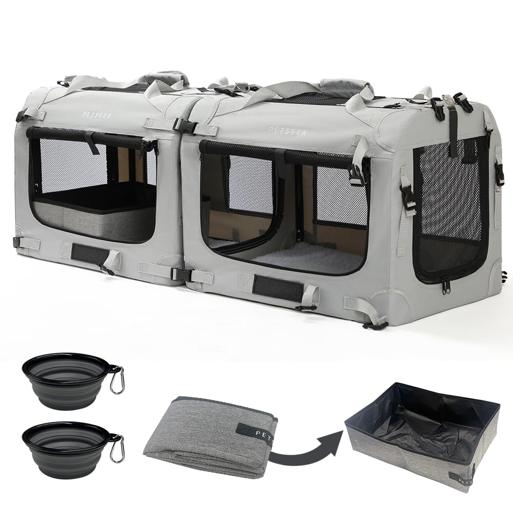 Petseek Extra Large Cat Carrier Soft Sided, Portable Small Dog Carrier for 2 Cats, 24"x16.5"x16" Car Travel Folding Comfortable Design with Litter Box and Bowls, Grey-2+ Litter Box+ Bowl*2