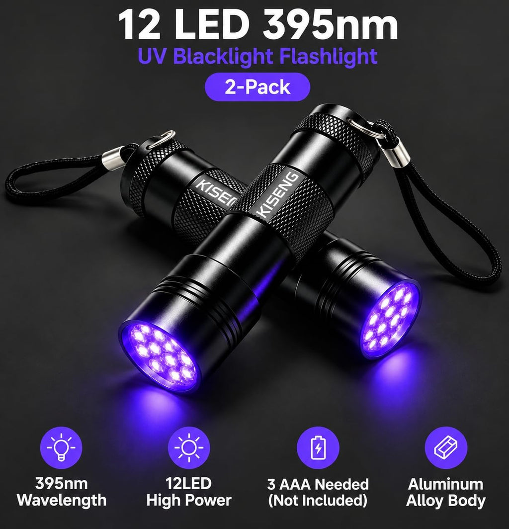 2 Pack 12 LED UV Flashlight Mini Black Light for Pet Urine Detection
