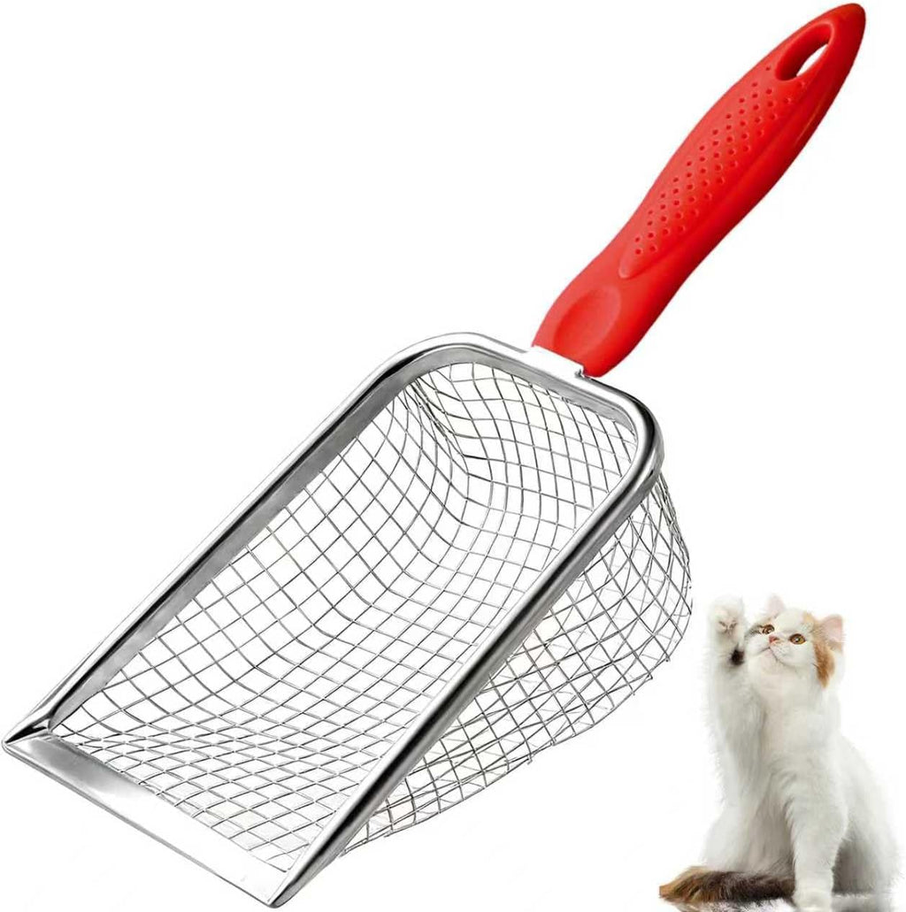 Cat Litter Scoop - Long Handle Scooper, Rustproof Stainless Steel Mesh, Non-Slip Grip, Deep Shovel Sifter for All Litter