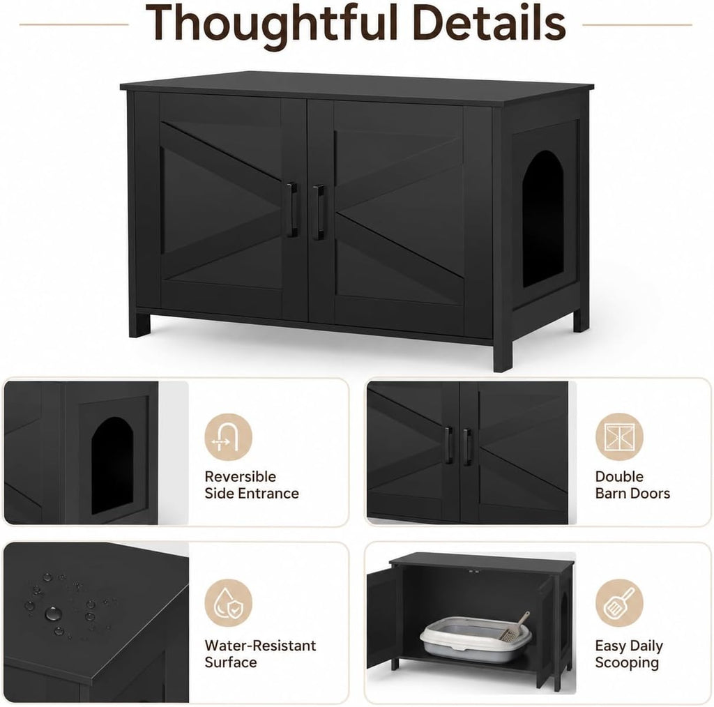 31.5"L Cat Litter Box Enclosure with Barn Door, Black