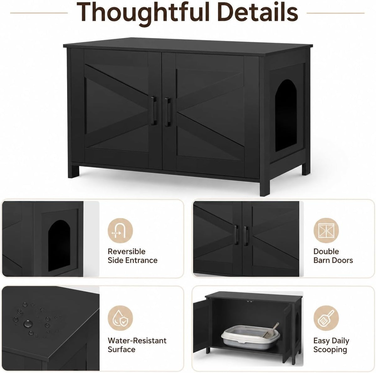 31.5"L Cat Litter Box Enclosure with Barn Door, Black
