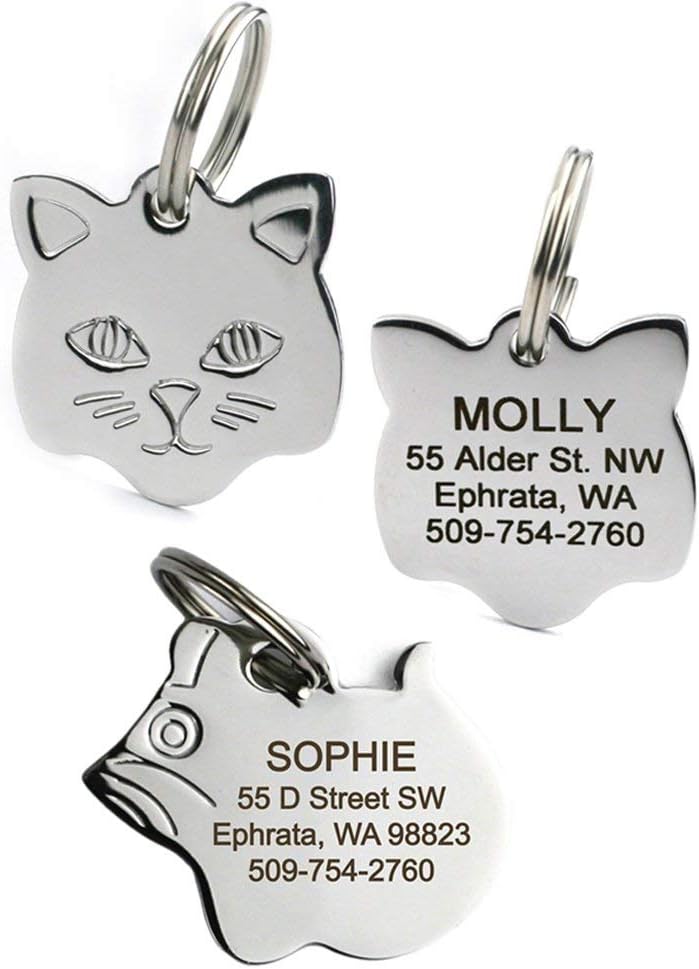 GoTags Cat ID Tag, Personalized Cat Shape Pet ID Tag in Stainless Steel, Includes up to 4 Lines of Custom Engraved Text 