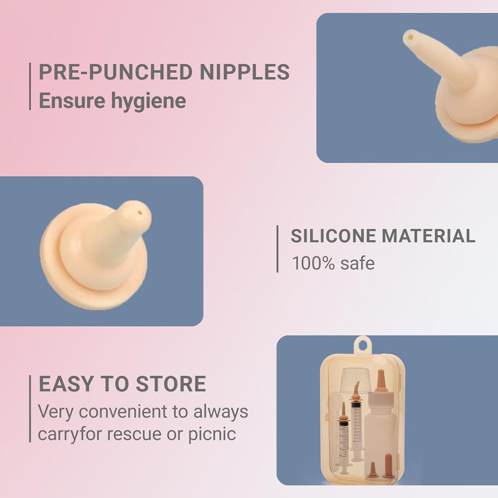 Newborn Pet Feeding Kit, Kitten Bottle Feeding Set with Nursing Nipples, Portable Storage, Emergency Ready, Replaceable 
