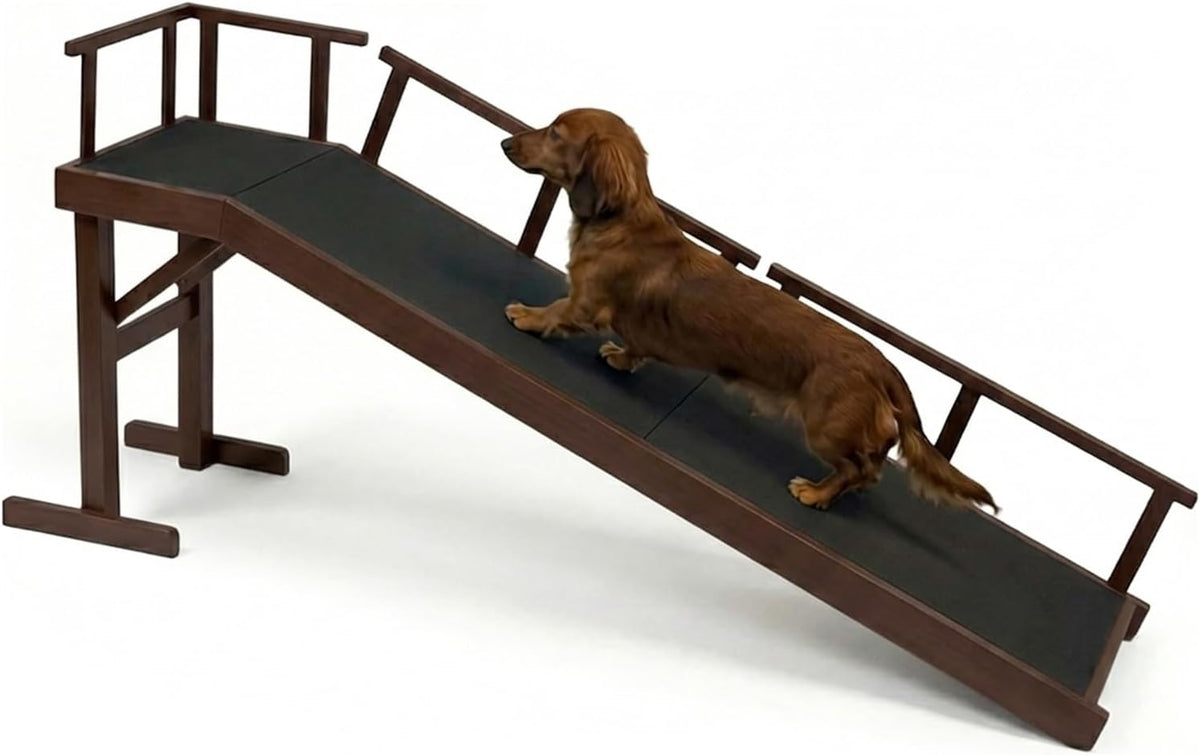 61" Dog Ramp for Bed&Couch, Non-Slip Platform with Removable Rails Walnut