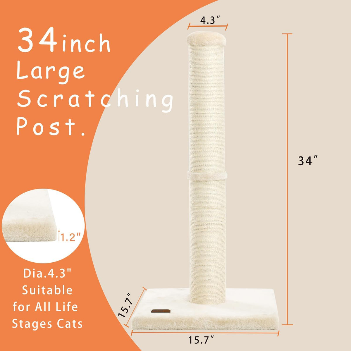 34inch Cat Scratching Post with Natural Sisal Rope 4.3Inch Large Diameter Scratcher Post Tree for Indoor Cats Beige