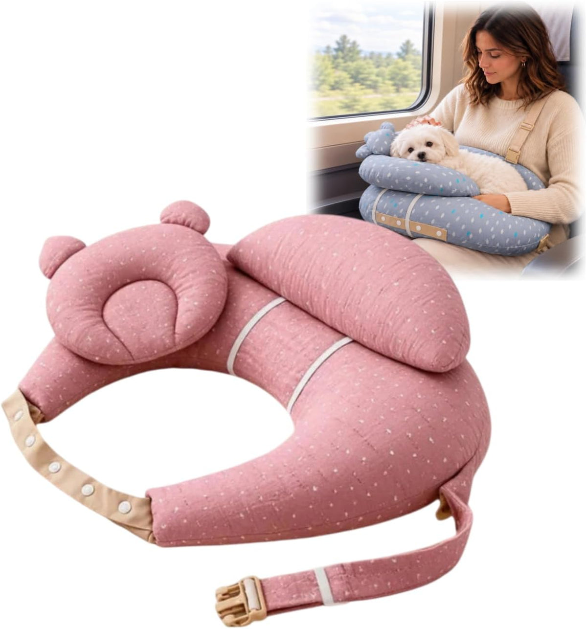 Soft Pet Travel Lap Pillow, U-Shaped Dog Car Seat Bed with Cute Bear Headrest, Portable Puppy Carrier Cushion for Train 