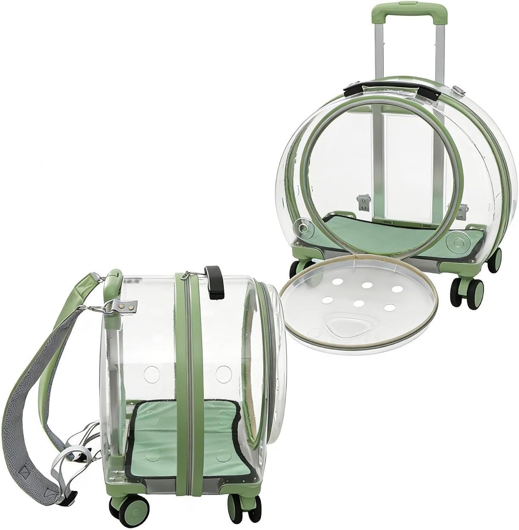 Rolling Cat Carrier Transparent Hard Shell Pet Travel Bag with Wheel(Greem)
