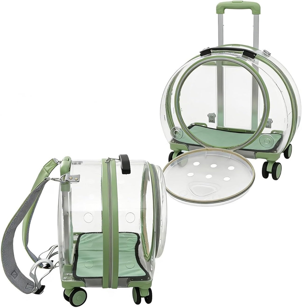 Rolling Cat Carrier Transparent Hard Shell Pet Travel Bag with Wheel(Greem)
