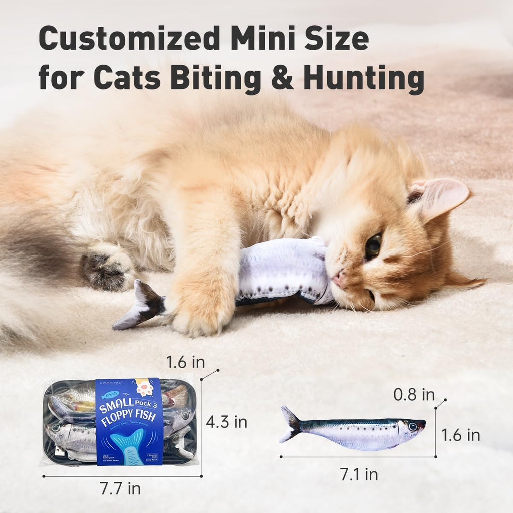 Petgravity Bite-Sized Realistic Flopping Fish Cat Toys, 3 Pack, Interactive Cat Toys for All Breeds, Tap-Activated 3 Fla